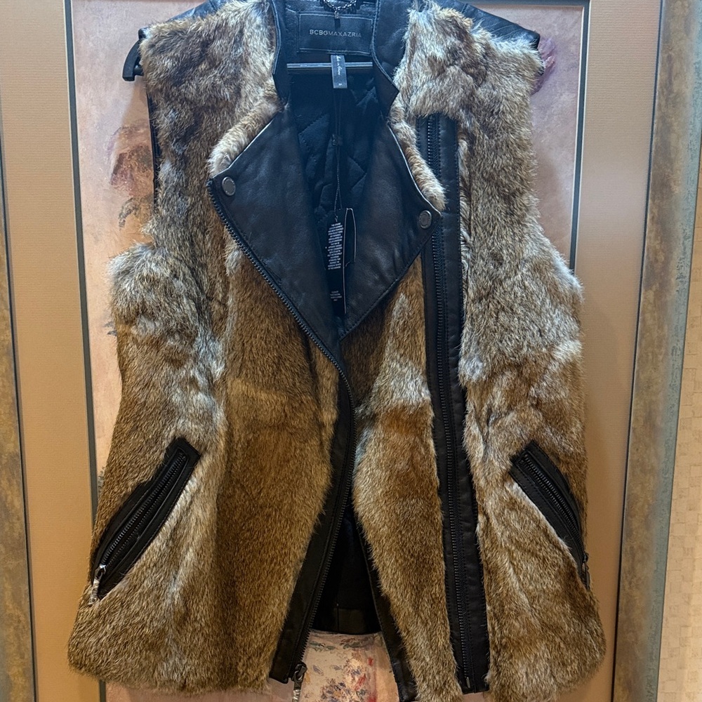 BCBGMaxAzria Brown Faux Fur Vest with Black Accents